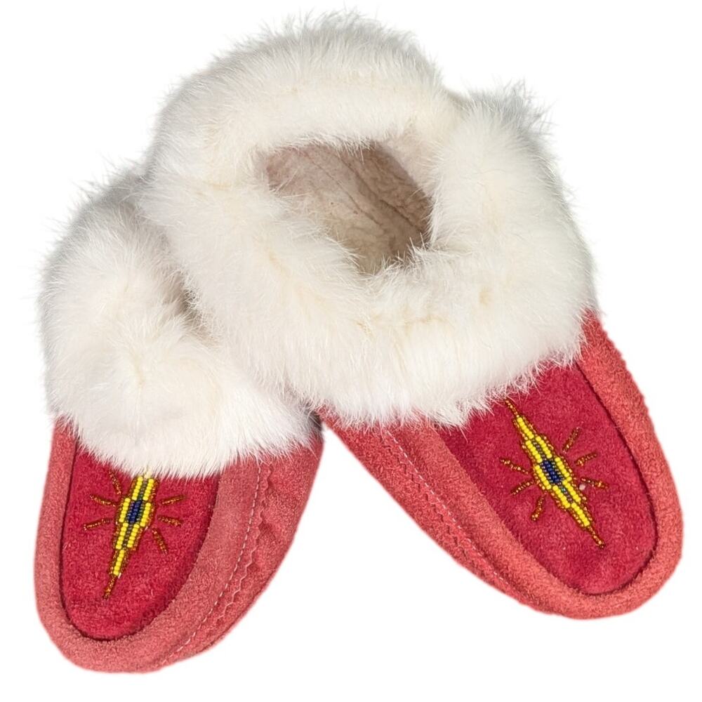 Handmade Genuine Suede Rabbit Fur Beaded Moccasin Slippers Size 8